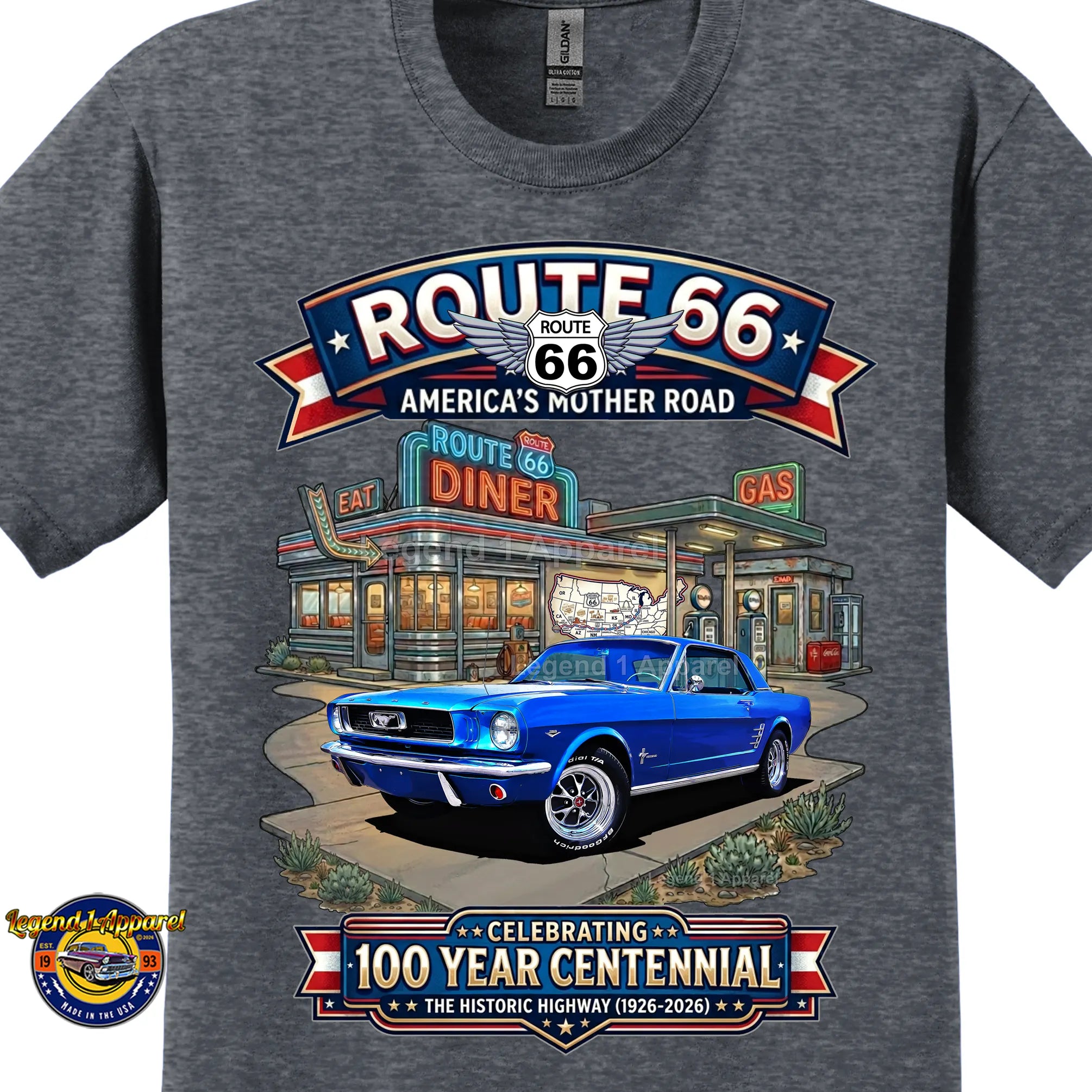 1966 Ford Mustang Hardtop Classic Car Graphic Tee – Route 66 Centennial T-Shirt