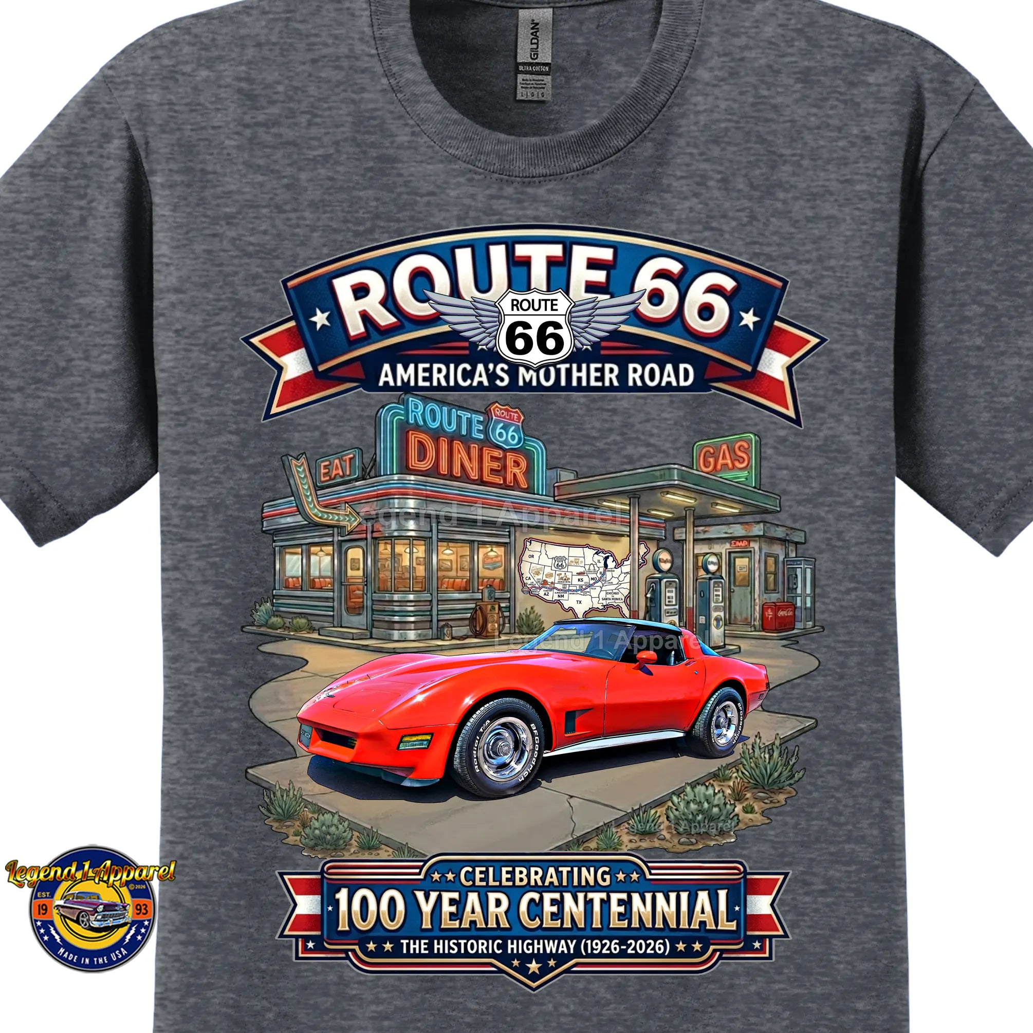 1980 Chevrolet Corvette C3 Classic Car Graphic Tee – Route 66 Centennial T-Shirt