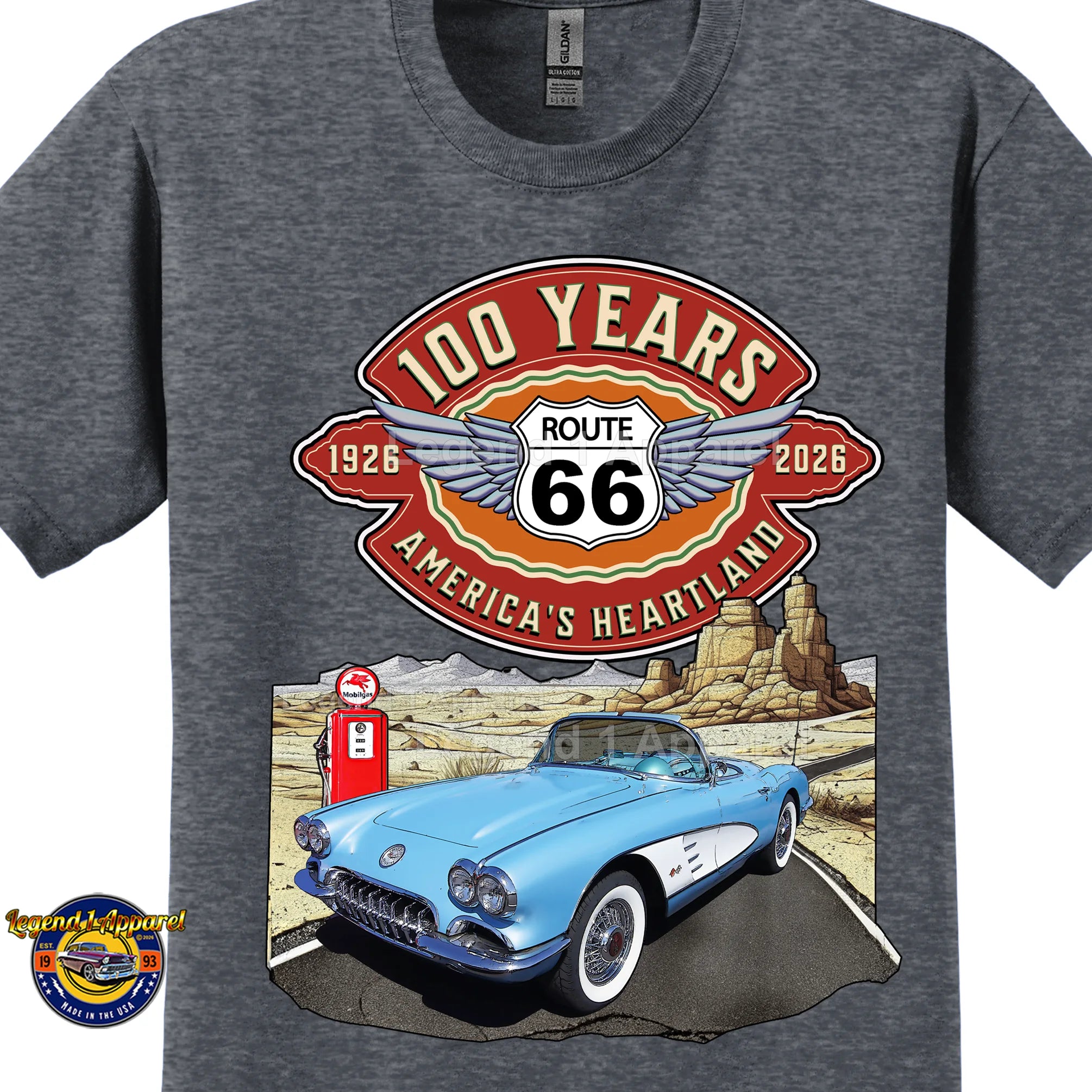 1960 Chevrolet Corvette C1 Classic Car Graphic Tee – Route 66 100 Years T-Shirt