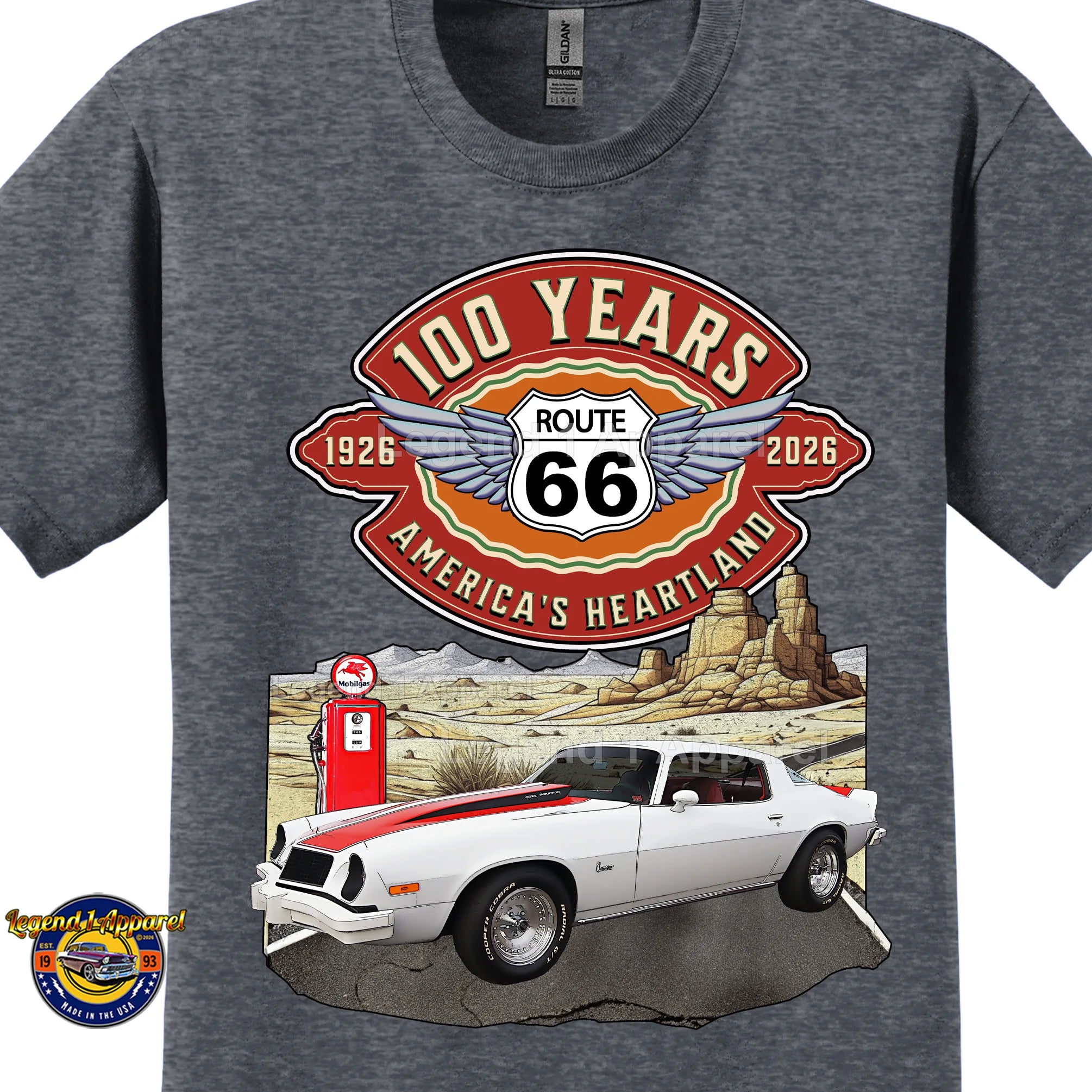 1976 Chevrolet Camaro Classic Car Graphic Tee – Route 66 100 Years T-Shirt
