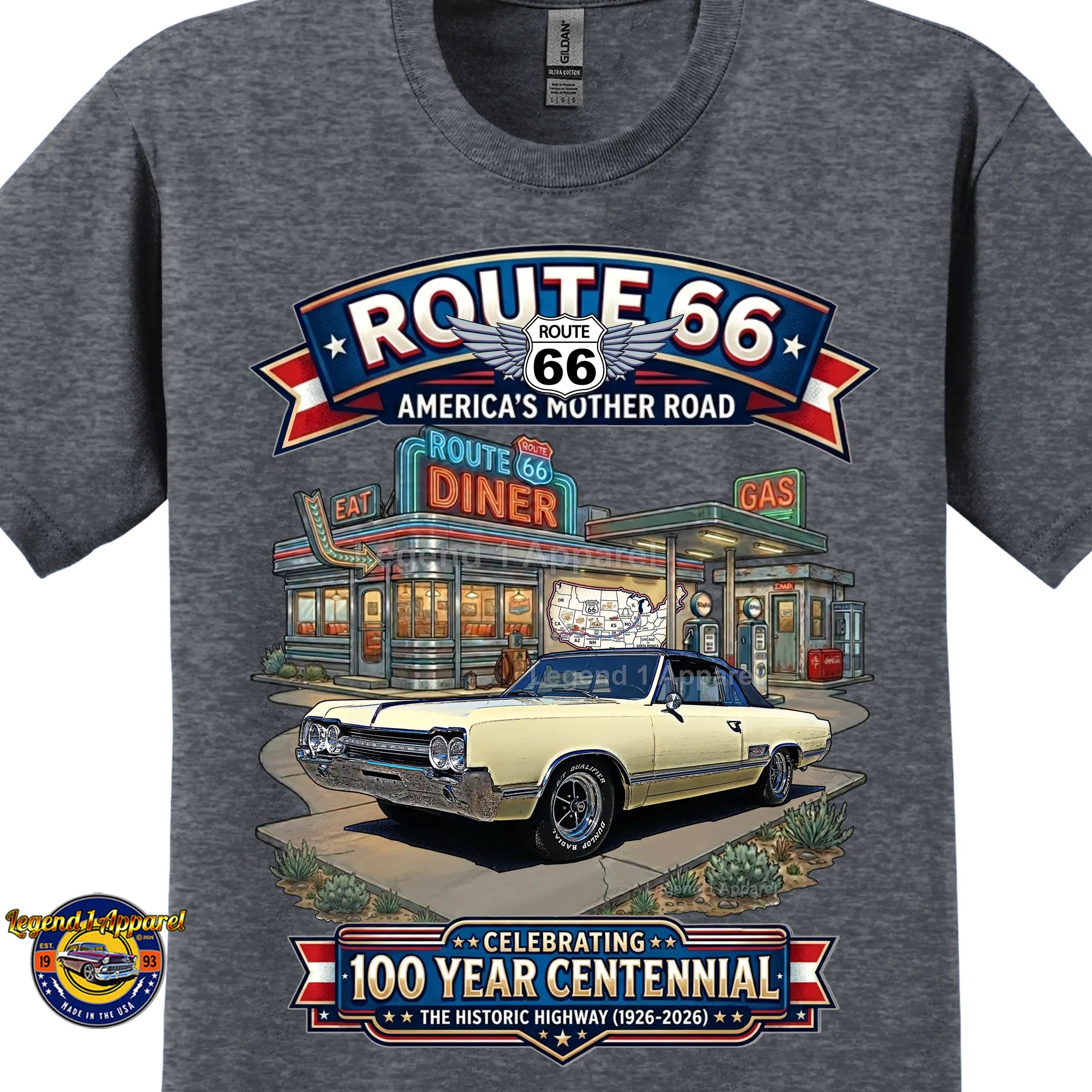 1965 Oldsmobile Cutlass 442 Classic Car Graphic Tee – Route 66 Centennial T-Shirt
