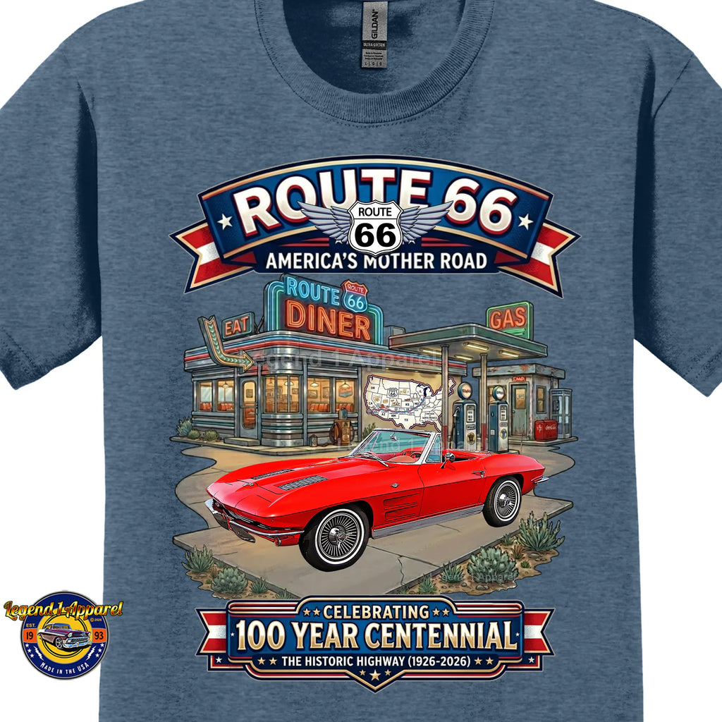 1963 Chevrolet Corvette C2 Classic Car Graphic Tee – Route 66 Centennial T-Shirt