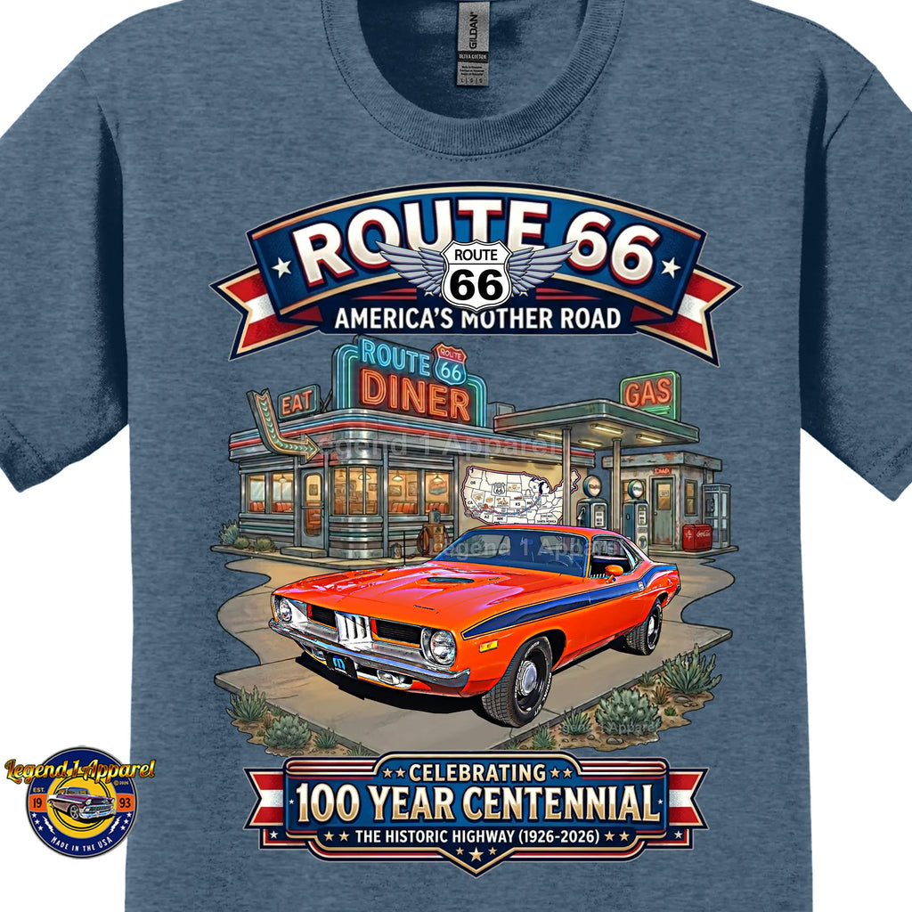 1972 Plymouth Cuda Classic Car Graphic Tee – Route 66 Centennial T-Shirt