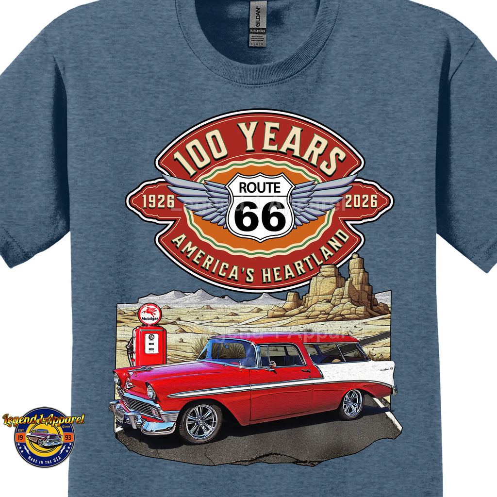 1956 Chevrolet Bel Air Nomad Classic Car Graphic Tee – Route 66 100 Years T-Shirt