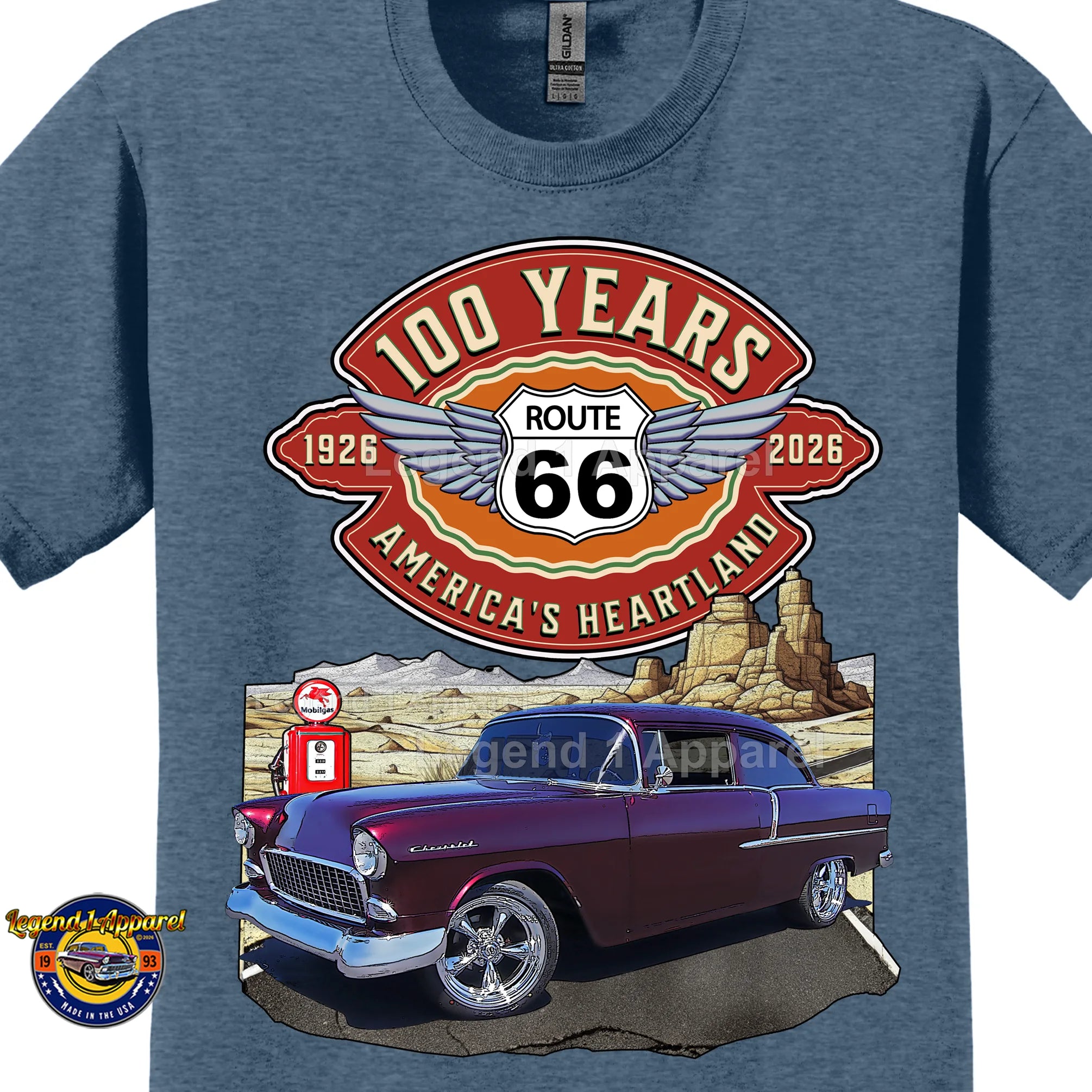 1955 Chevrolet 210 Del Ray Coupe Classic Car Graphic Tee – Route 66 100 Years T-Shirt