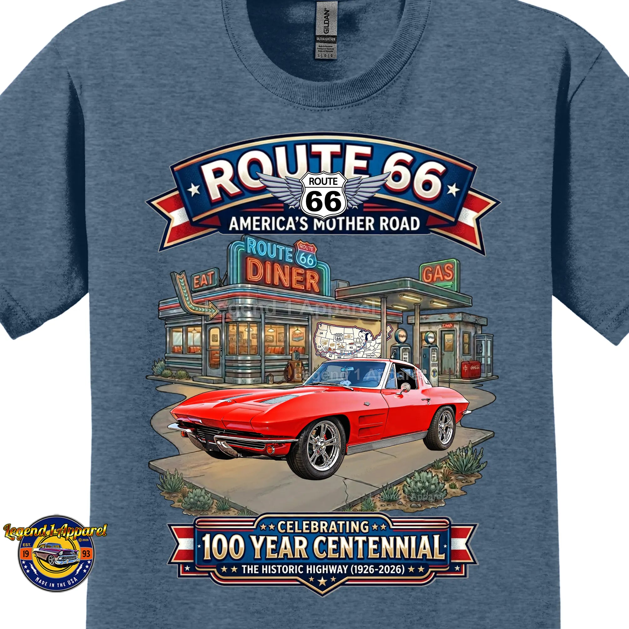 1963 Chevrolet Corvette C2 Classic Car Graphic Tee – Route 66 Centennial T-Shirt