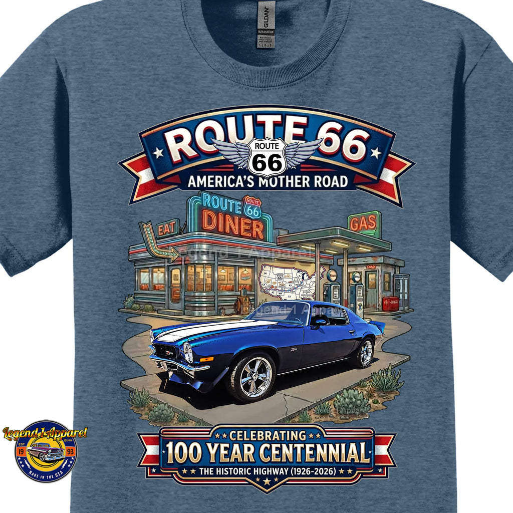 1973 Chevrolet Camaro Classic Car Graphic Tee – Route 66 Centennial T-Shirt