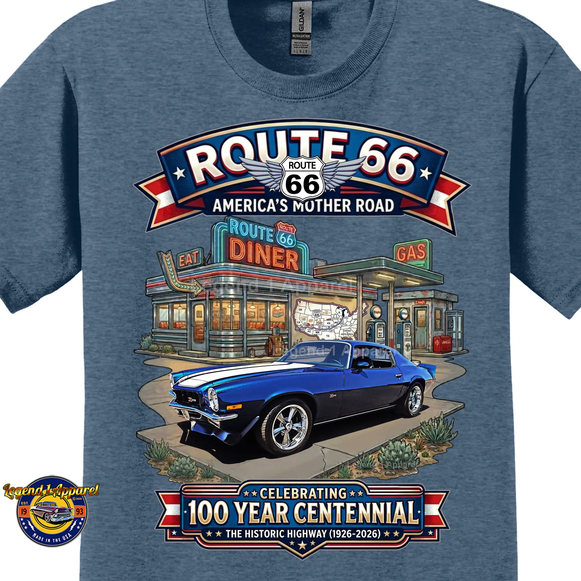 1973 Chevrolet Camaro Classic Car Graphic Tee – Route 66 Centennial T-Shirt