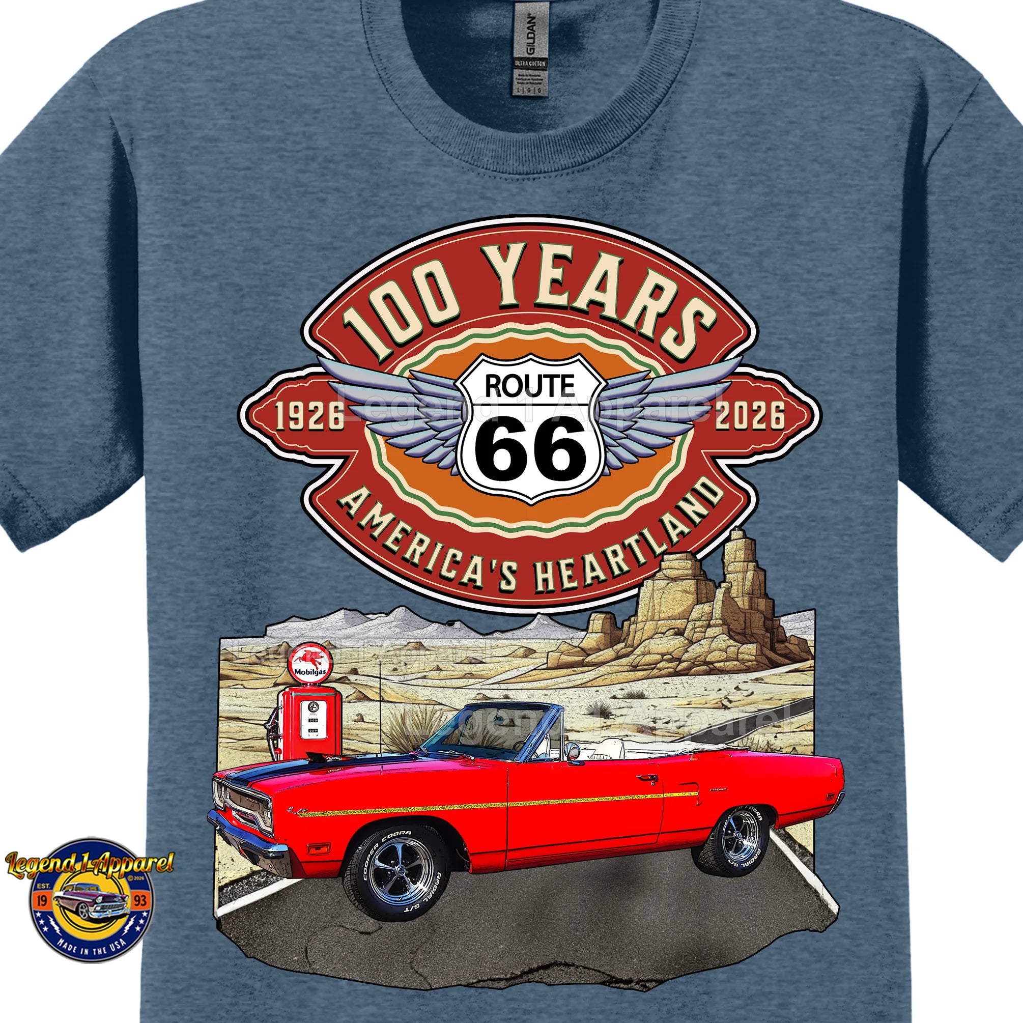 1970 Plymouth RoadRunner Classic Car Graphic Tee – Route 66 100 Years T-Shirt