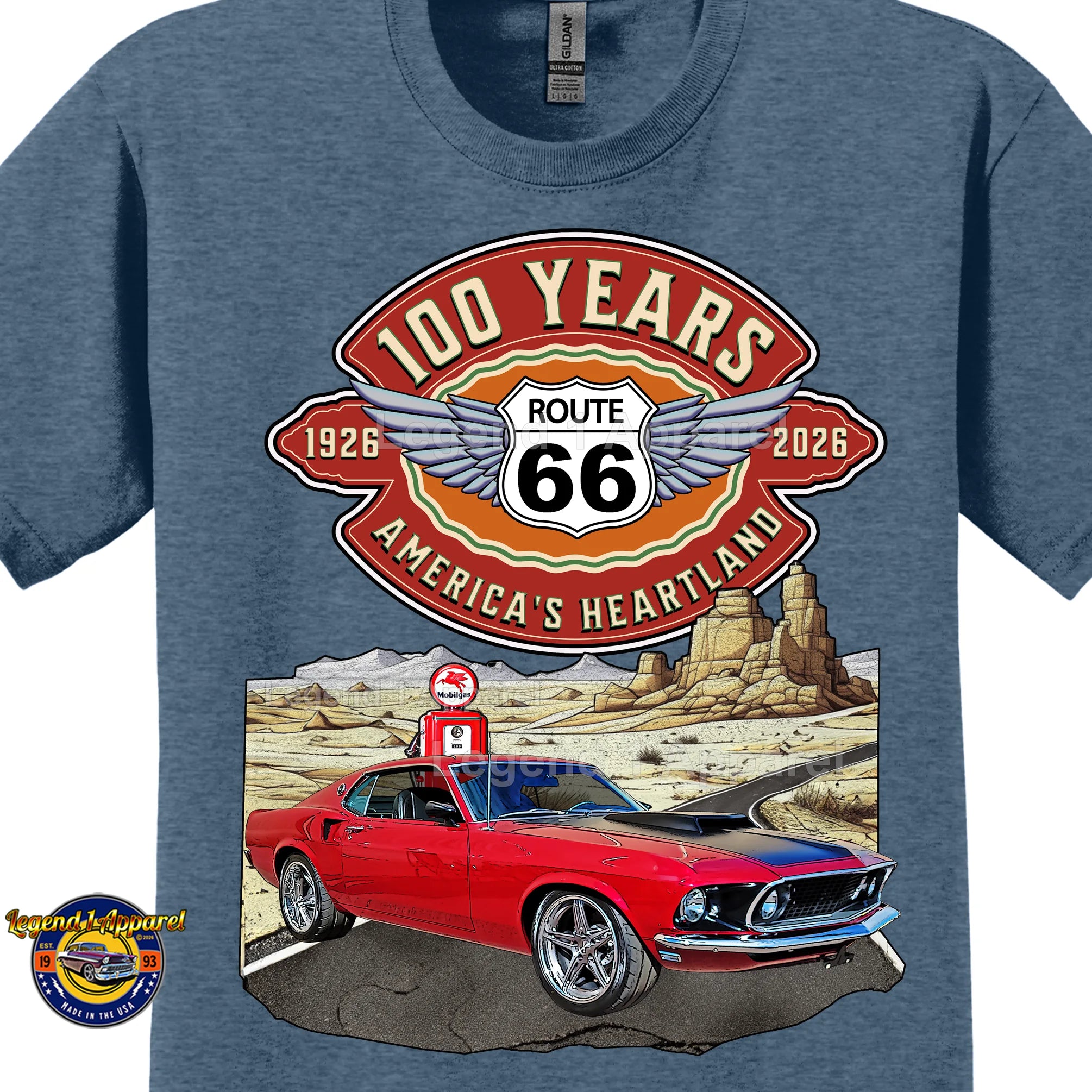 1969 Ford Mustang Fastback Classic Car Graphic Tee – Route 66 100 Years T-Shirt