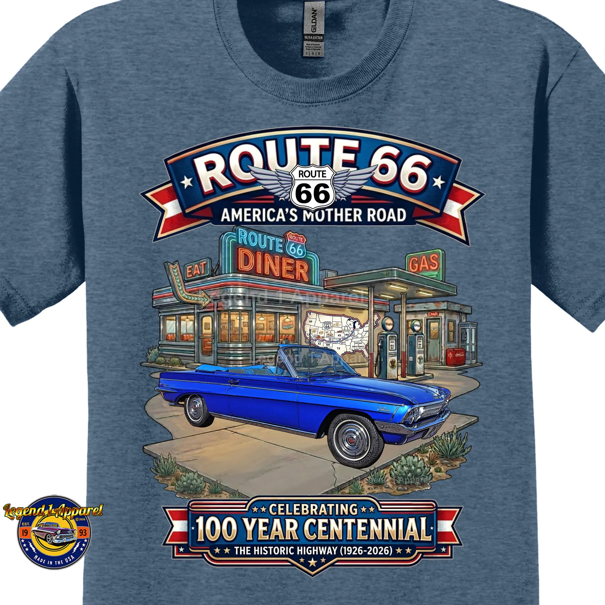 1962 Oldsmobile F85 Cutlass Convertible Classic Car Graphic Tee – Route 66 Centennial T-Shirt