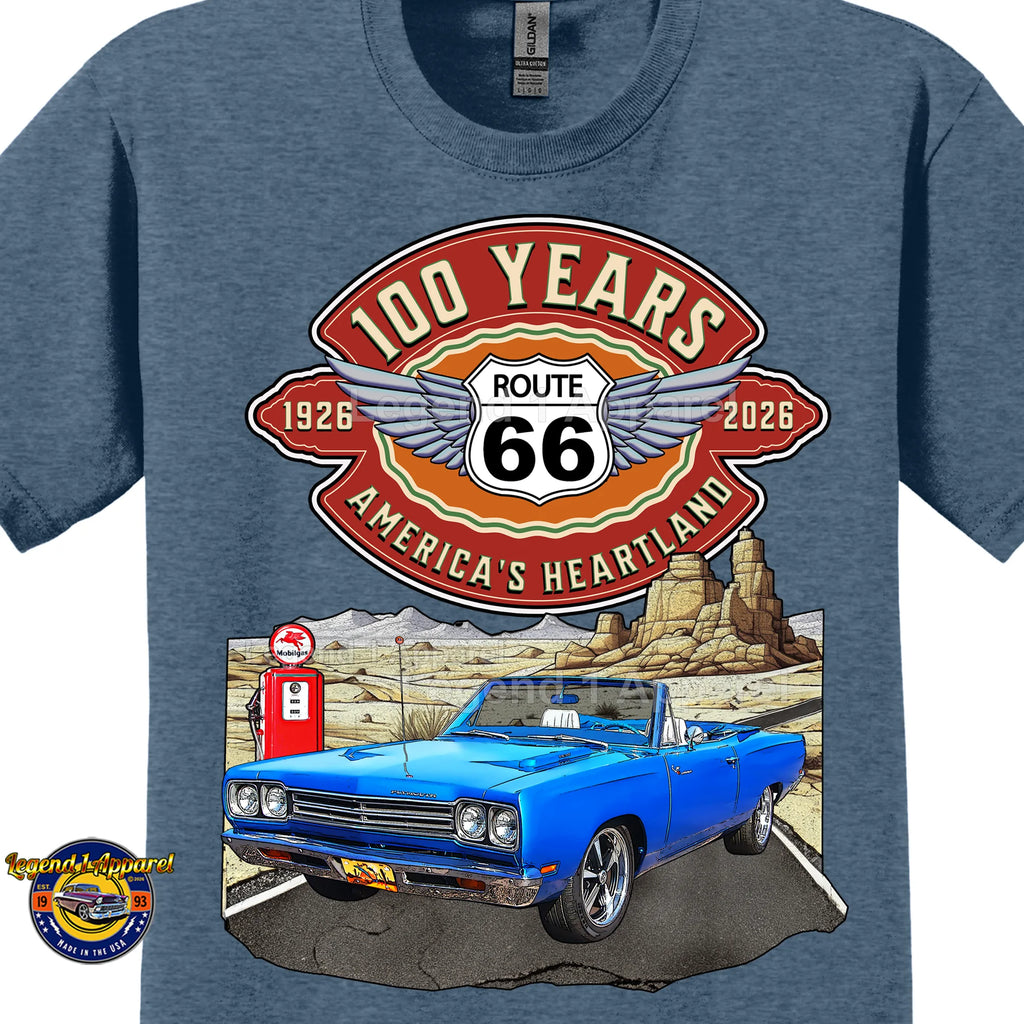 1969 Plymouth RoadRunner Classic Car Graphic Tee – Route 66 100 Years T-Shirt