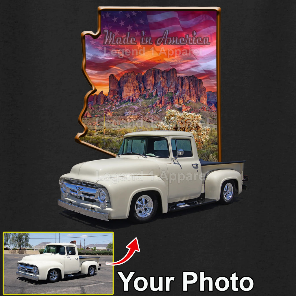 Your Classic Car or Hot Rod custom made T-shirt. Send us a picture of your car. Made in America Arizona Outline