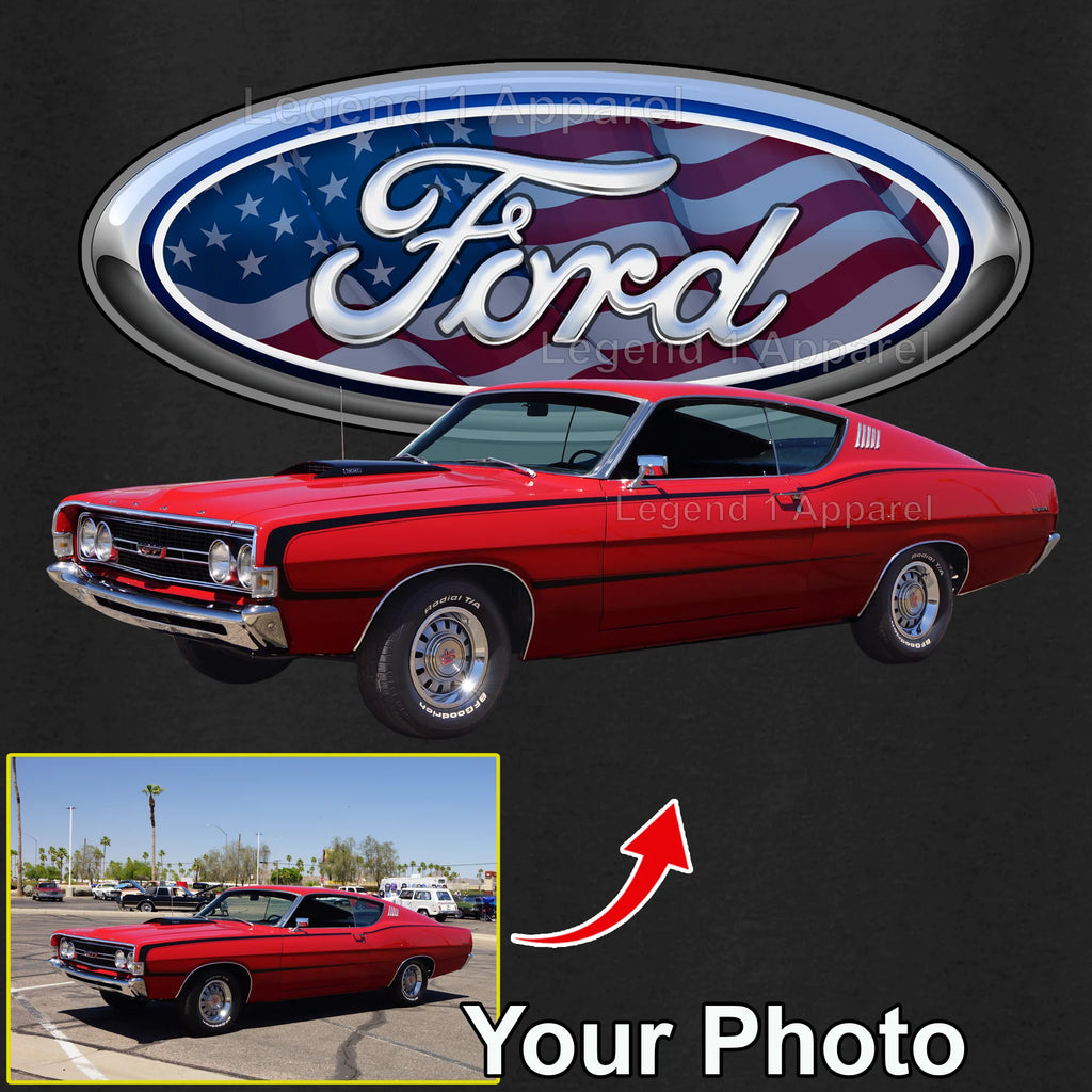 Your Classic Car or Hot Rod custom made T-shirt. Send us a picture of your car. Ford Patriotic Logo