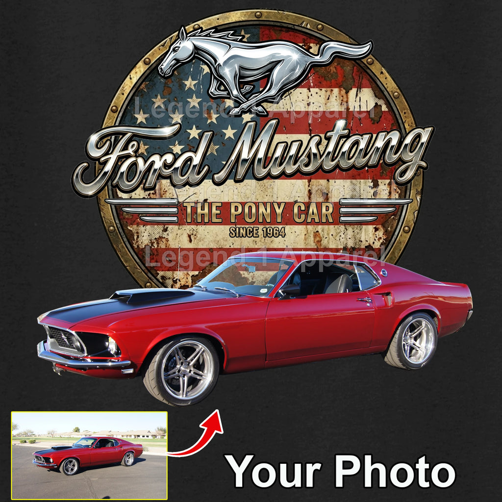 Your Classic Car or Hot Rod custom made T-shirt. Send us a picture of your car. Mustang pony car since 1964