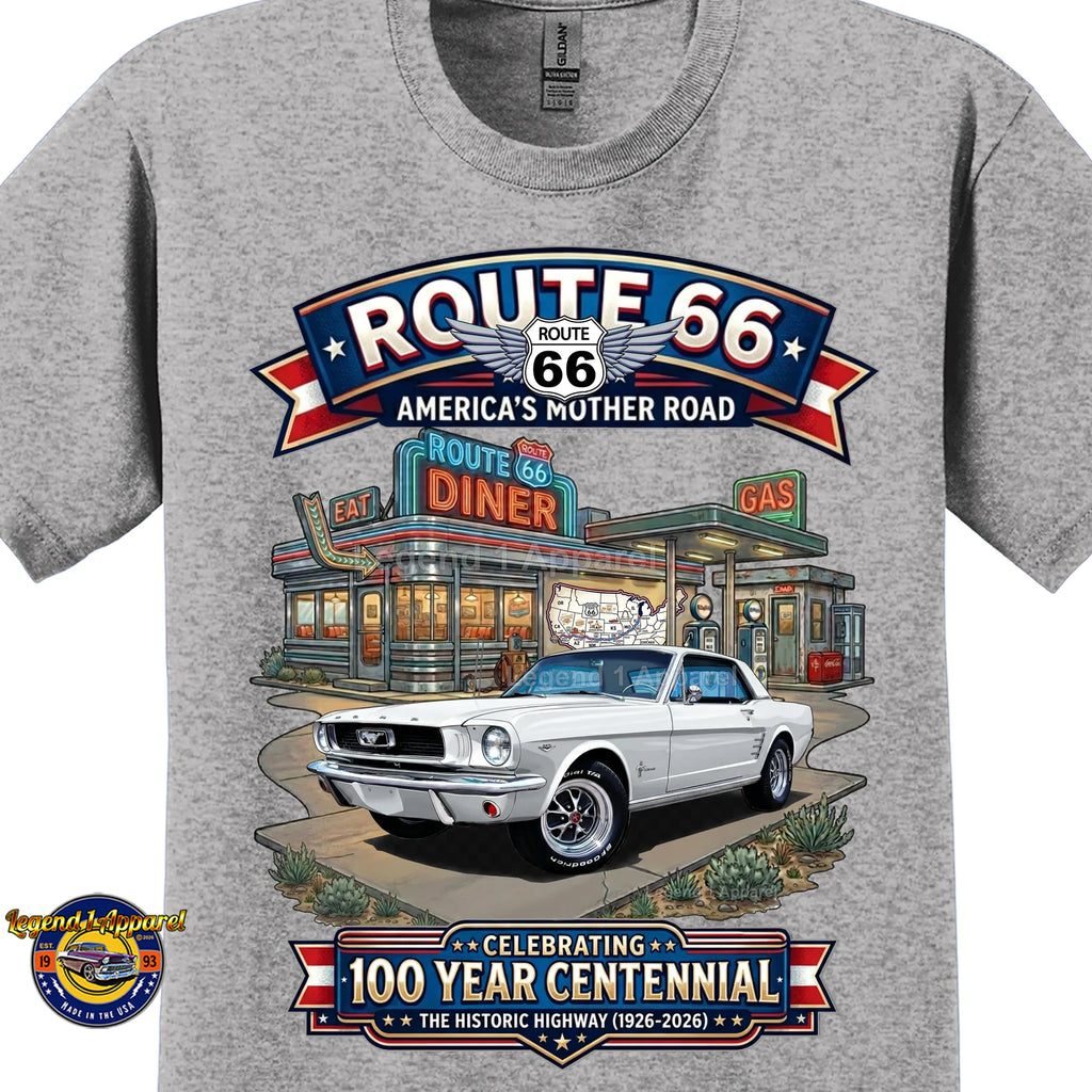 1966 Ford Mustang Hardtop Classic Car Graphic Tee – Route 66 Centennial T-Shirt