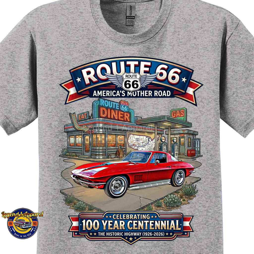 1967 Chevrolet Corvette C2 Classic Car Graphic Tee – Route 66 Centennial T-Shirt