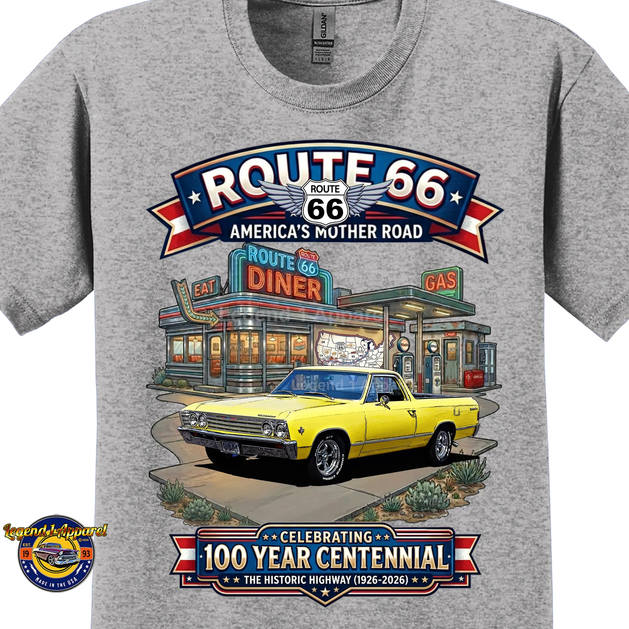 1967 Chevrolet El Camino Classic Truck Graphic Tee – Route 66 Centennial T-Shirt