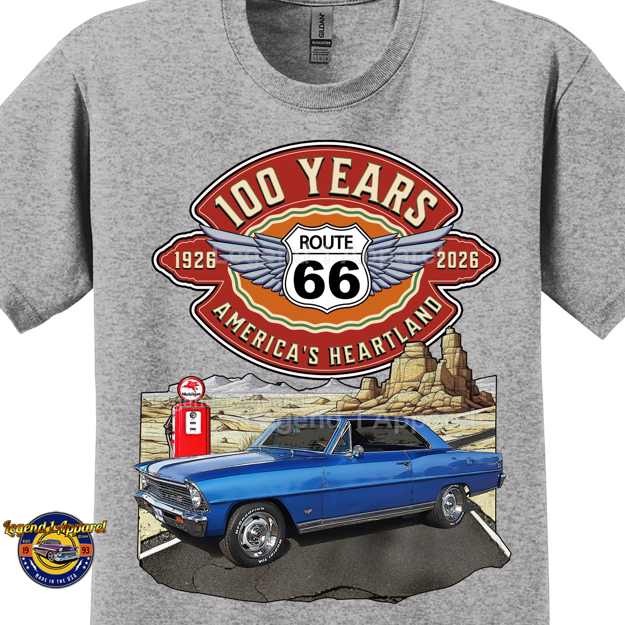 1967 Chevrolet Nova SS Classic Car Graphic Tee – Route 66 100 Years T-Shirt