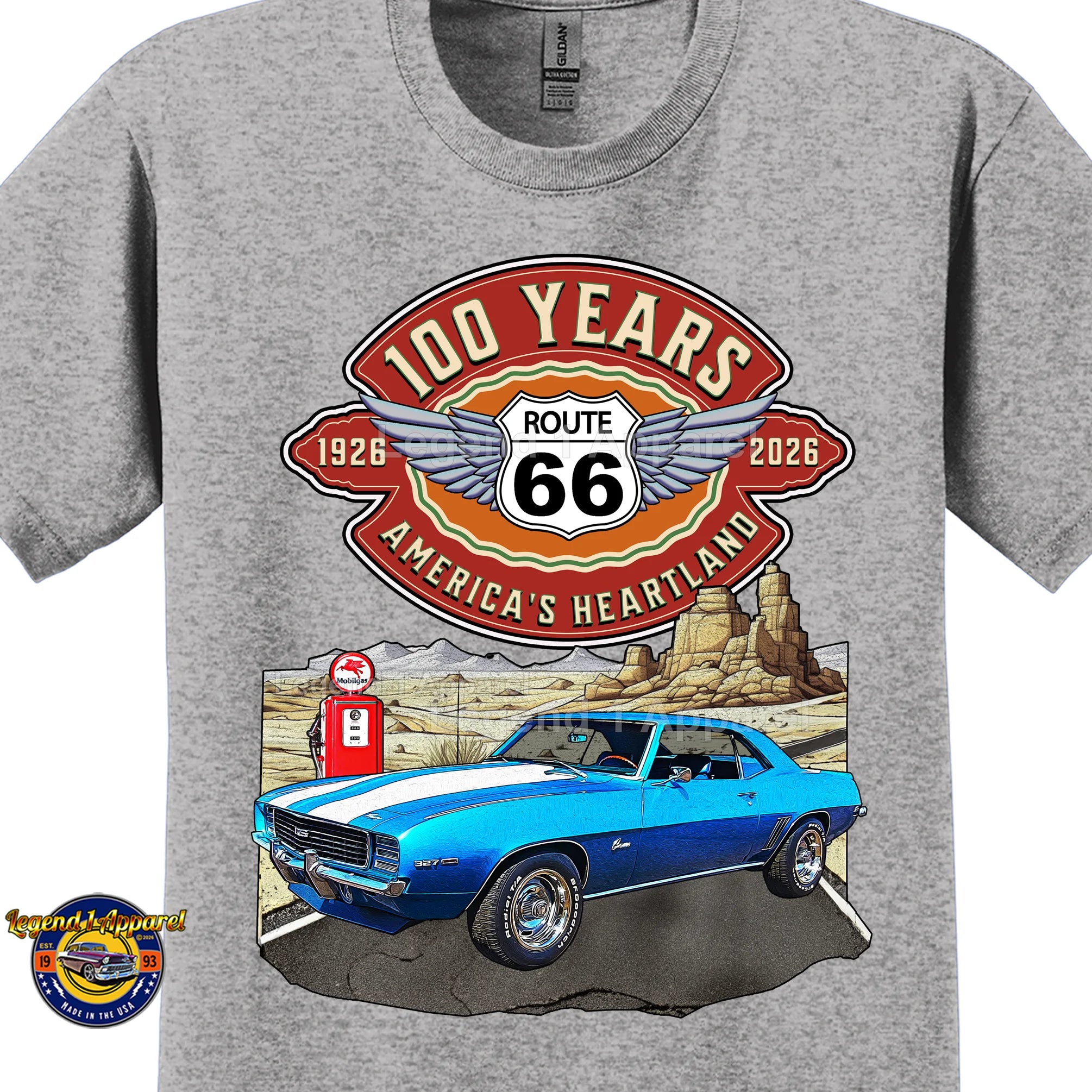 1969 Chevrolet Camaro Classic Car Graphic Tee – Route 66 100 Years T-Shirt