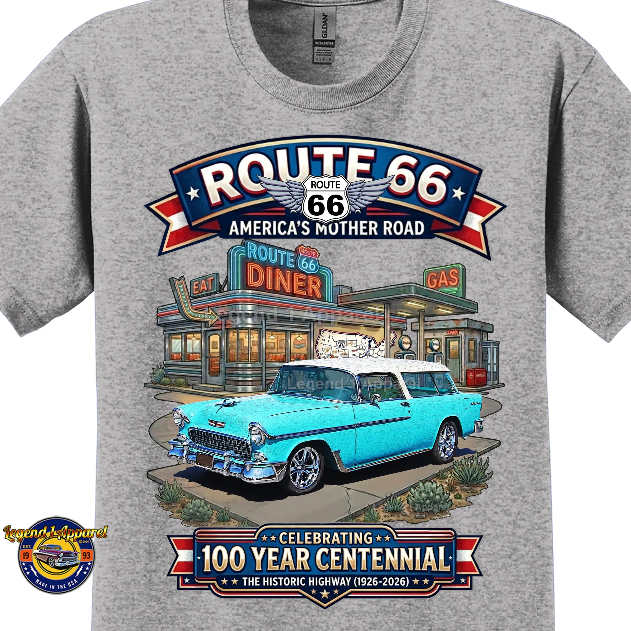 1955 Chevrolet Nomad Bel Air Classic Car Graphic Tee – Route 66 Centennial T-Shirt