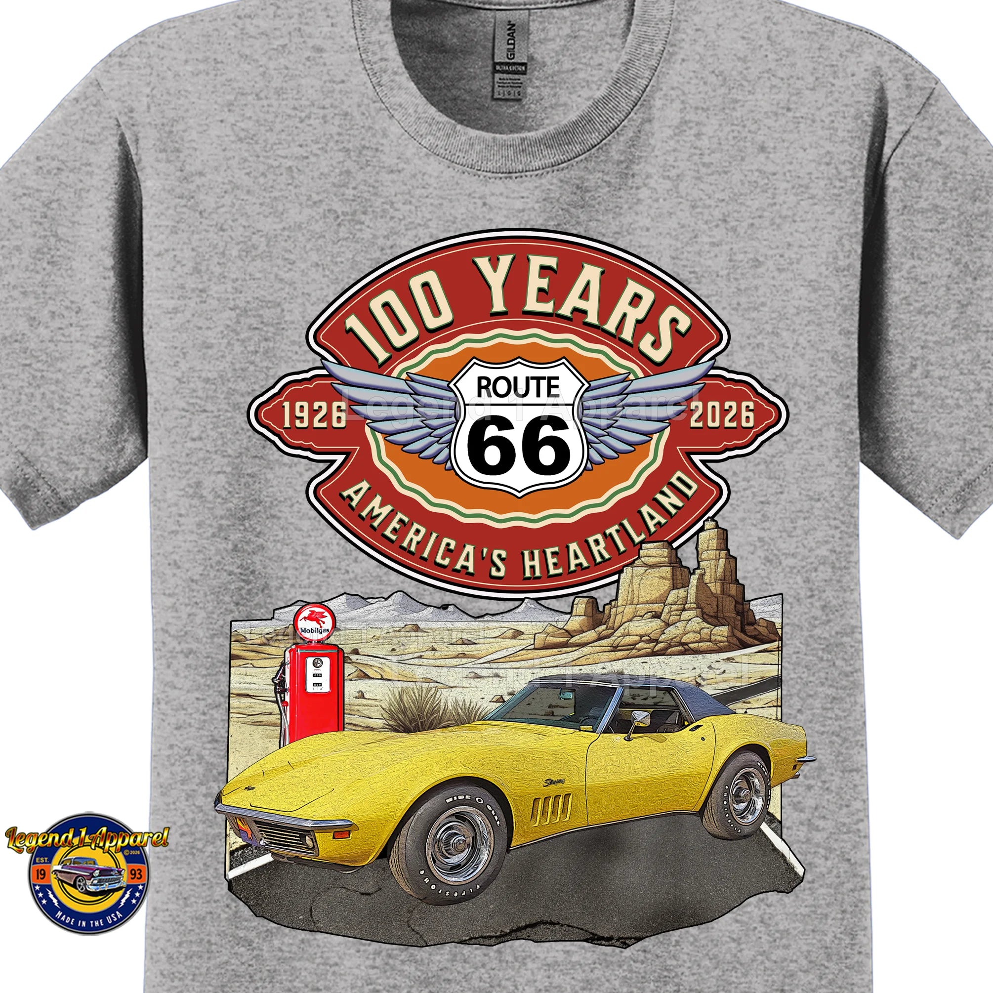 1969 Chevrolet Corvette C3 Classic Car Graphic Tee – Route 66 100 Years T-Shirt