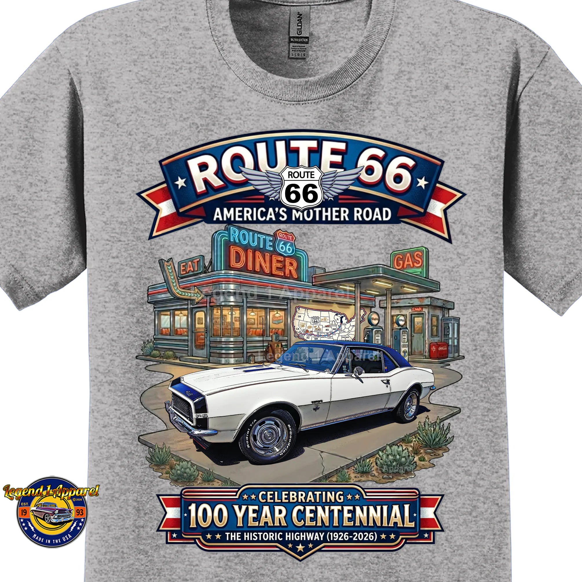 1967 Chevrolet Camaro Classic Car Graphic Tee – Route 66 Centennial T-Shirt