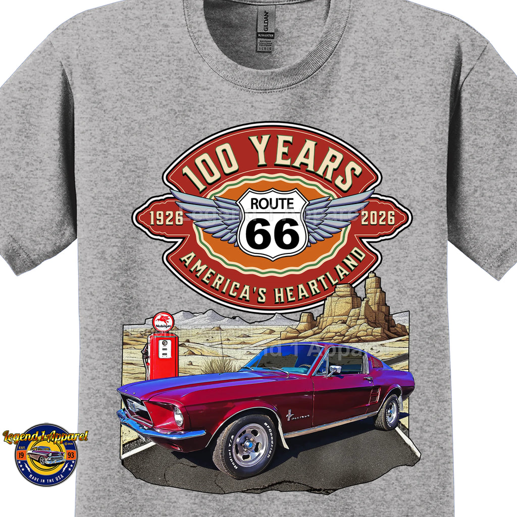 1967 Ford Mustang Fastback Classic Car Graphic Tee – Route 66 100 Years T-Shirt