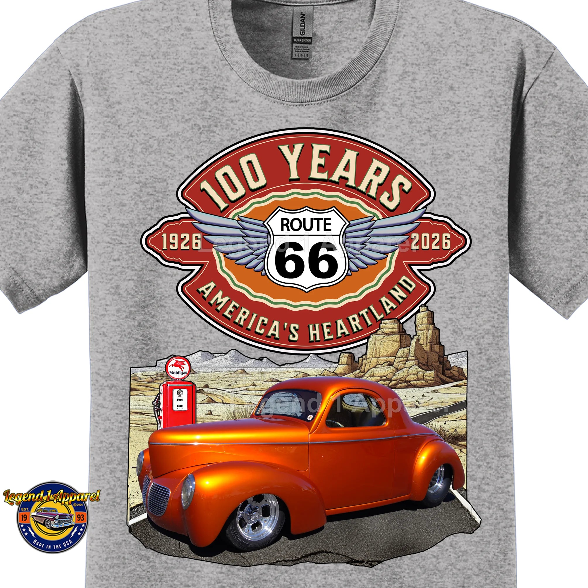 1941 Willys Coupe Classic Car Graphic Tee – Route 66 100 Years T-Shirt