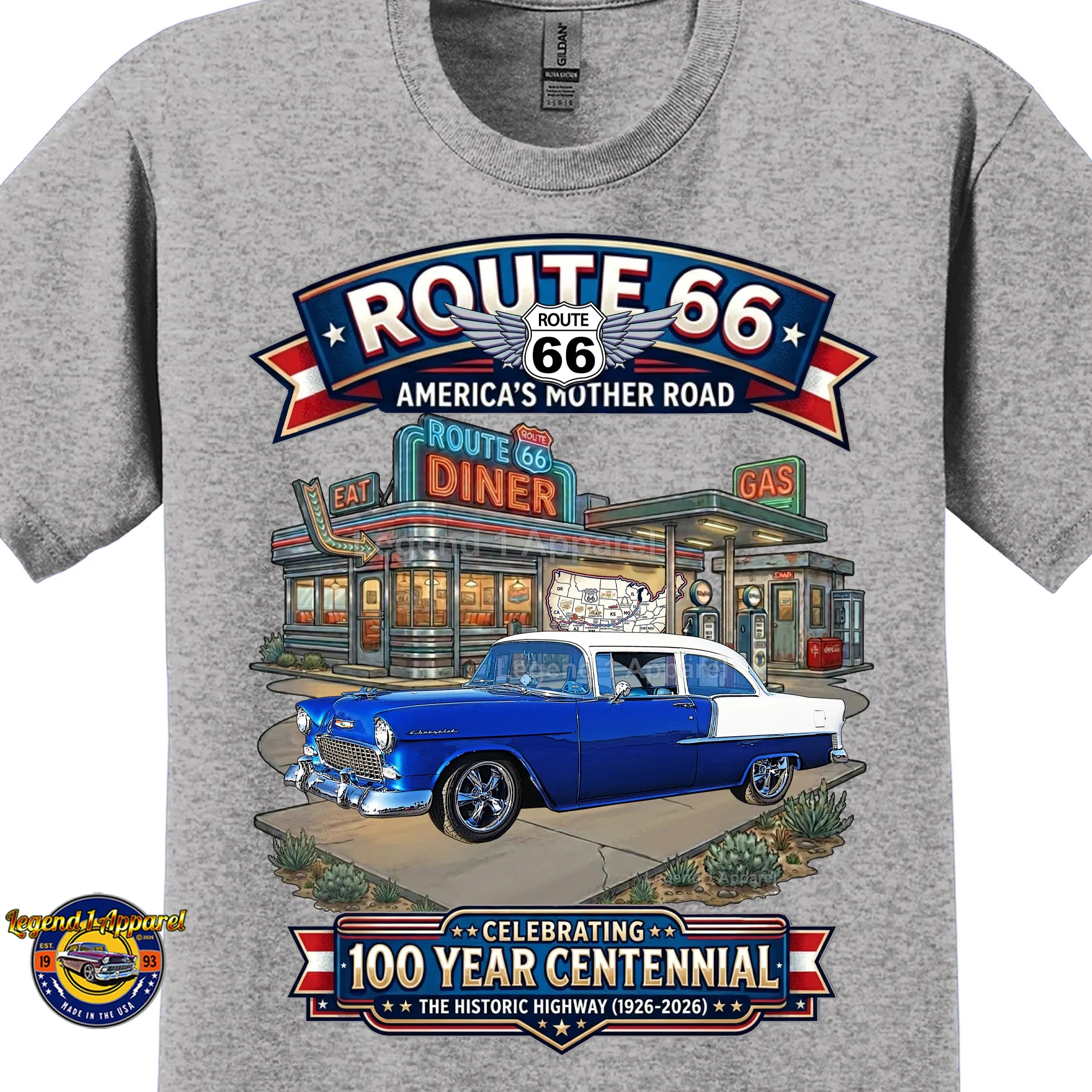1955 Chevrolet Bel Air Coupe Classic Car Graphic Tee – Route 66 Centennial T-Shirt
