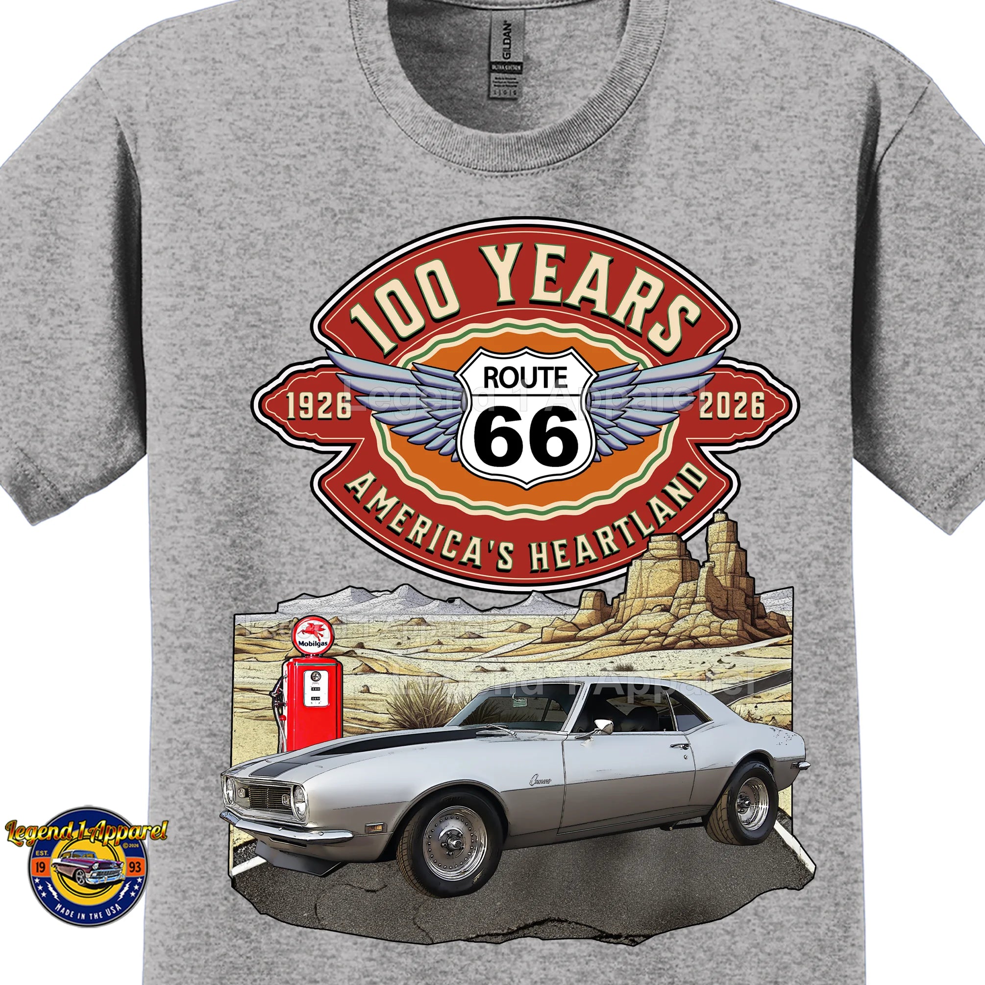 1968 Chevrolet Camaro Classic Car Graphic Tee – Route 66 100 Years T-Shirt