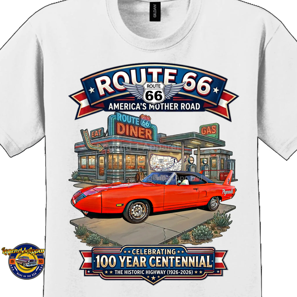 1970 Plymouth Roadrunner Superbird Classic Car Graphic Tee – Route 66 Centennial T-Shirt