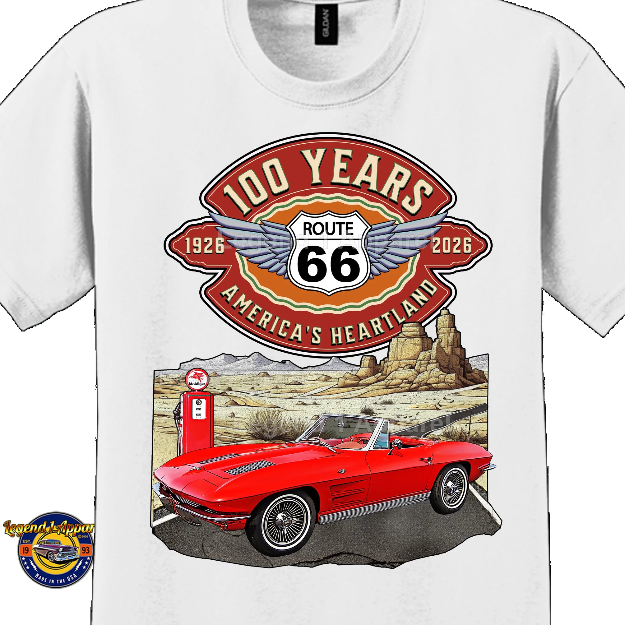 1963 Chevrolet Corvette C2 Classic Car Graphic Tee – Route 66 100 Years T-Shirt