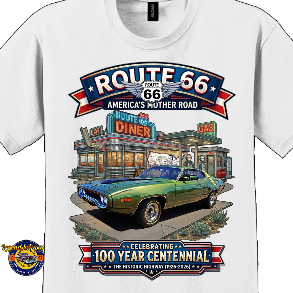 1971 Plymouth Roadrunner Classic Car Graphic Tee – Route 66 Centennial T-Shirt