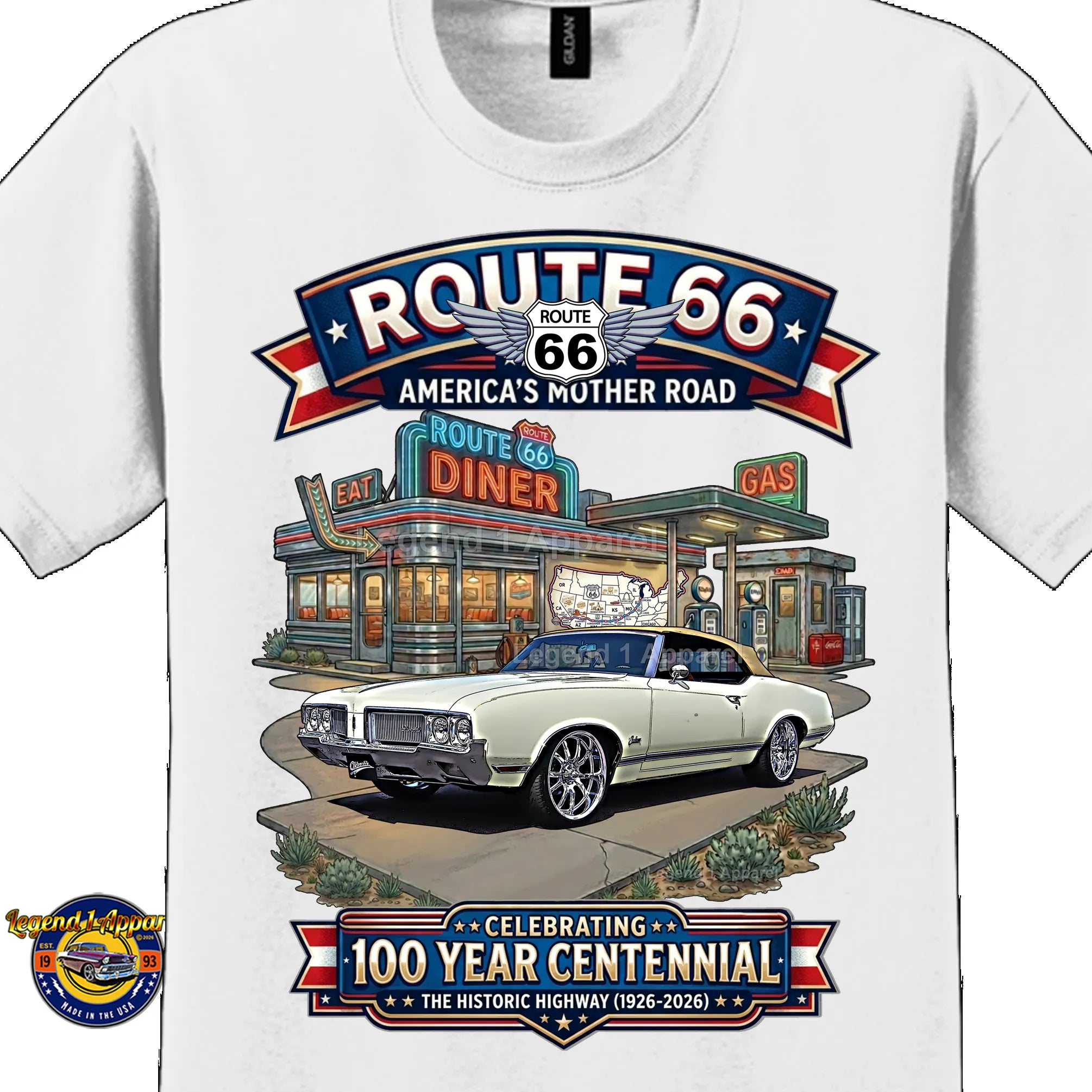 1970 Oldsmobile Cutlass Supreme Convertible Classic Car Graphic Tee – Route 66 Centennial T-Shirt