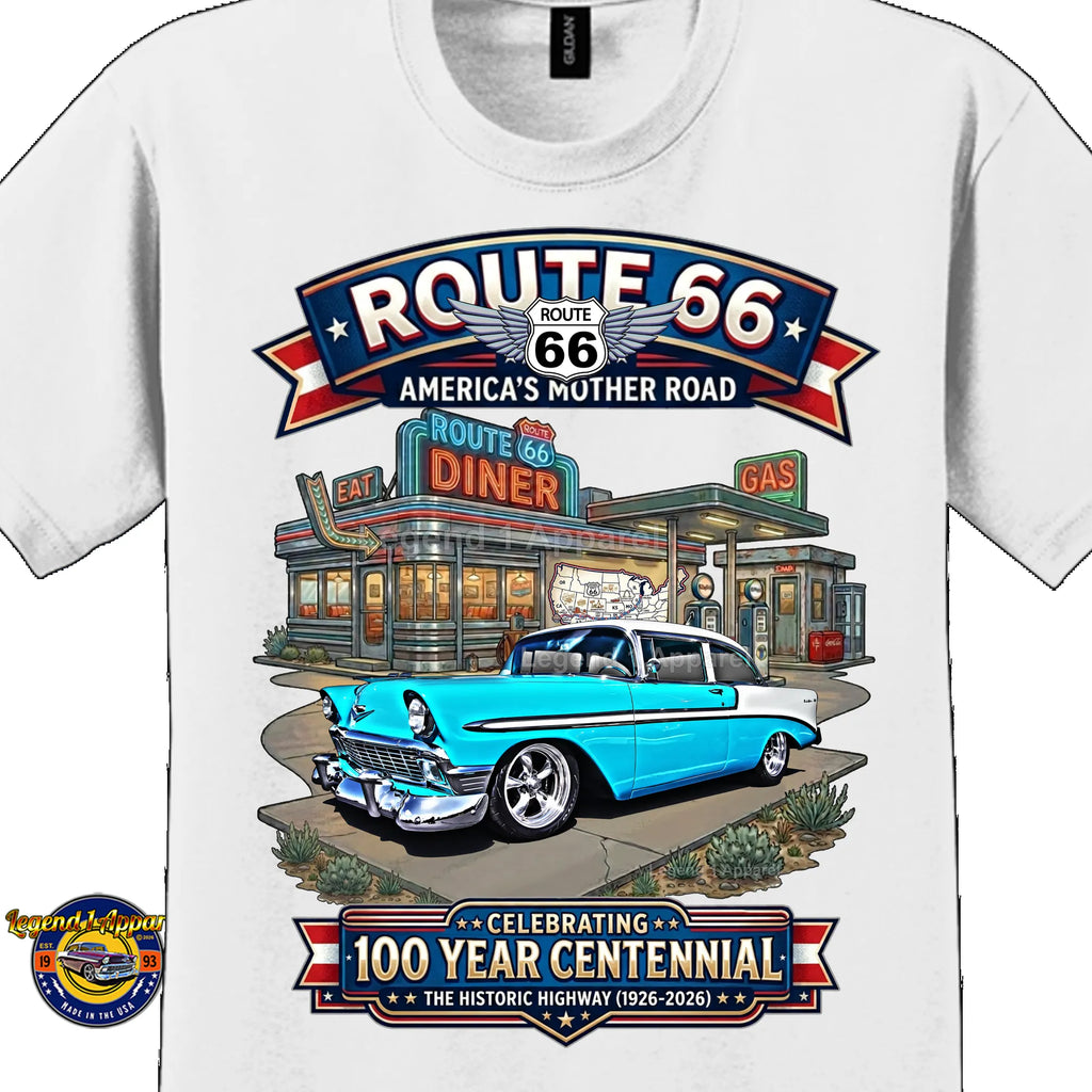 1956 Chevrolet Bel Air Coupe Classic Car Graphic Tee – Route 66 Centennial T-Shirt