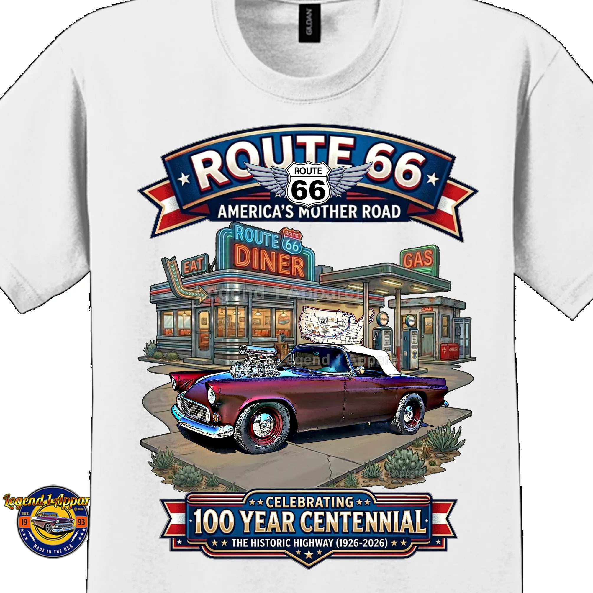 1955 Ford Thunderbird Classic Car Graphic Tee – Route 66 Centennial T-Shirt