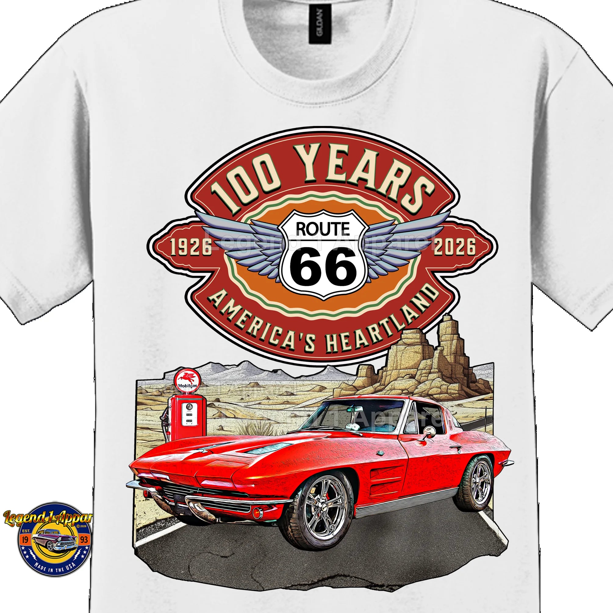 1963 Chevrolet Corvette C2 Classic Car Graphic Tee – Route 66 100 Years T-Shirt