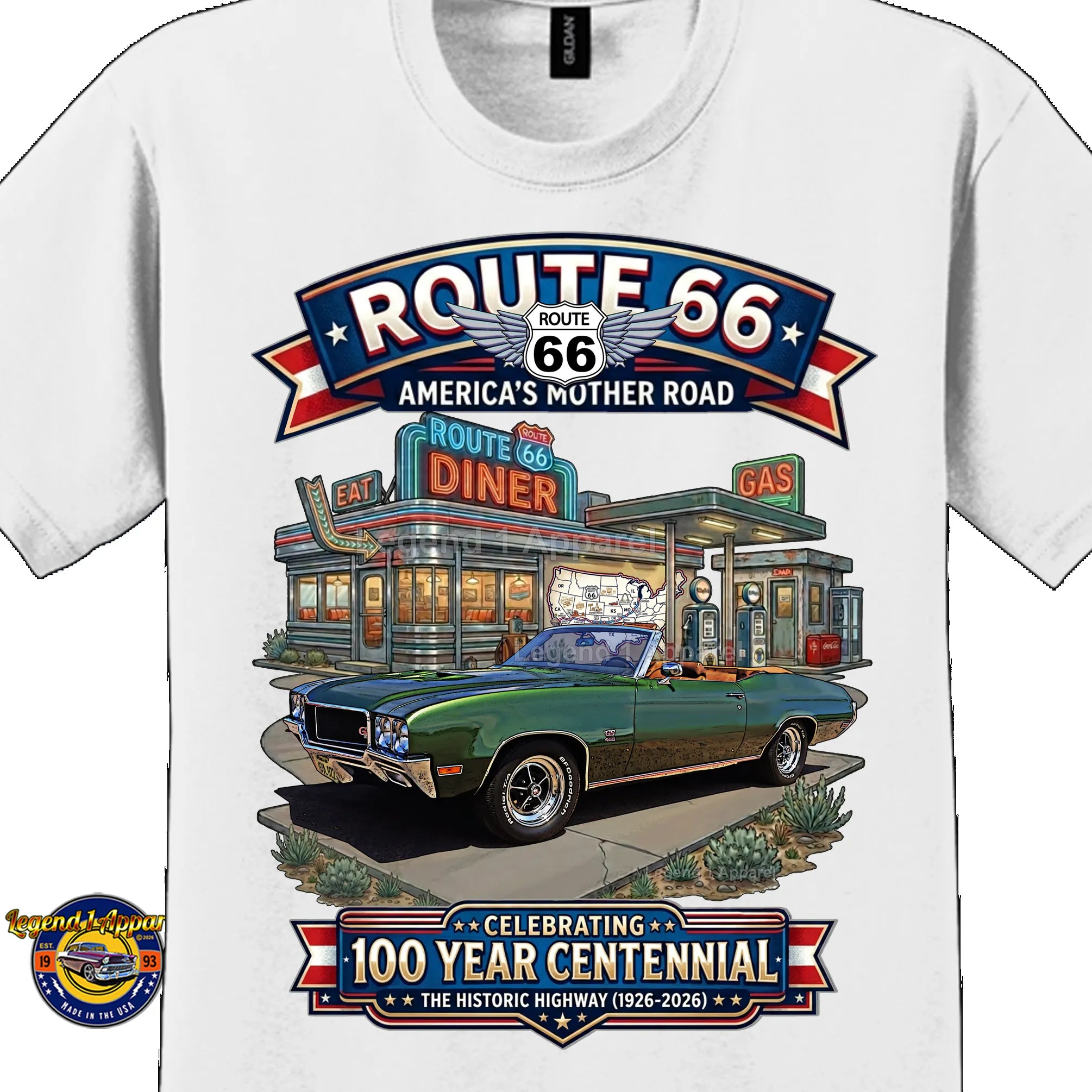 1970 Buick GS 455 Convertible Classic Car Graphic Tee – Route 66 Centennial T-Shirt