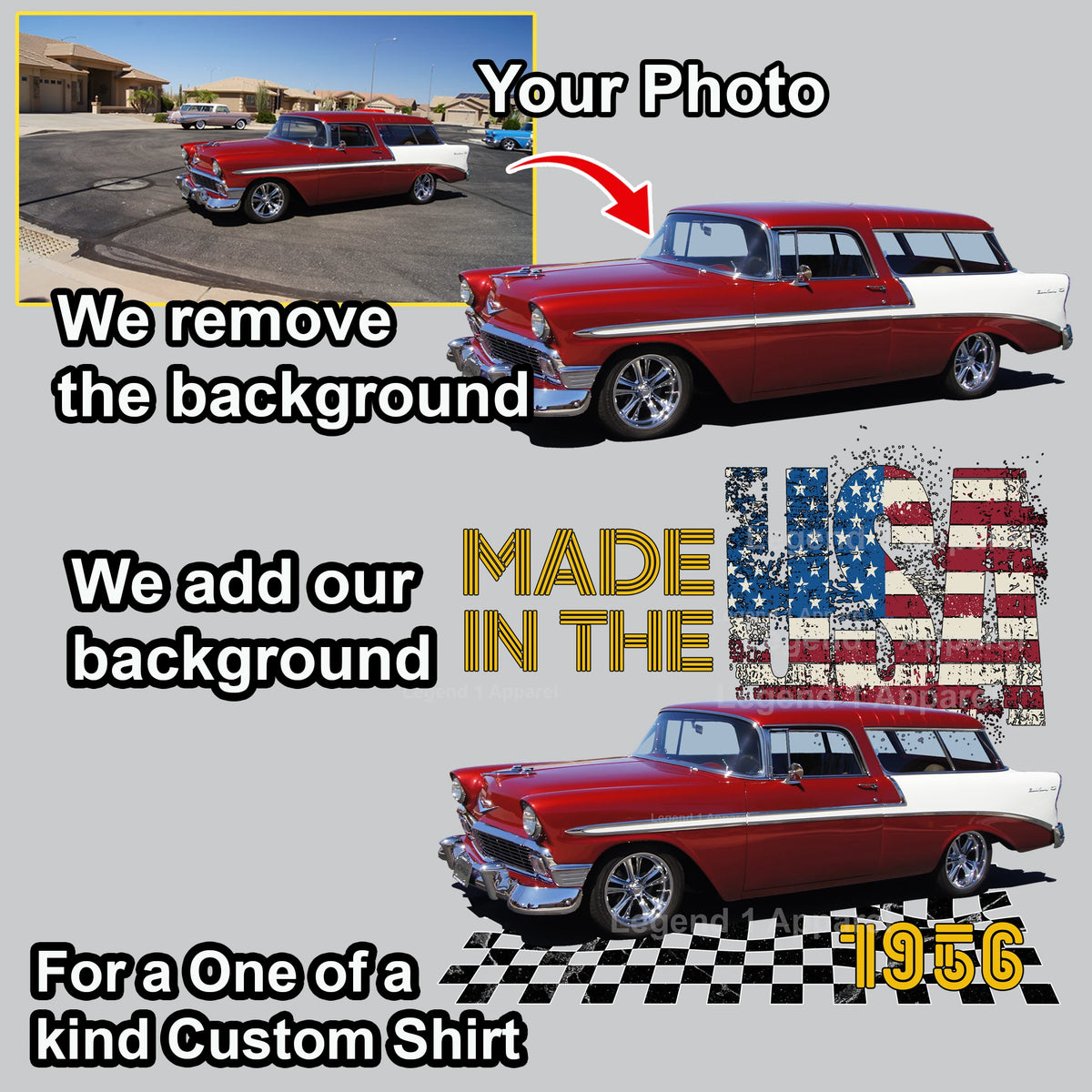 Your Classic Car or Hot Rod custom made T-shirt. Send us a picture of your car, Made In The USA