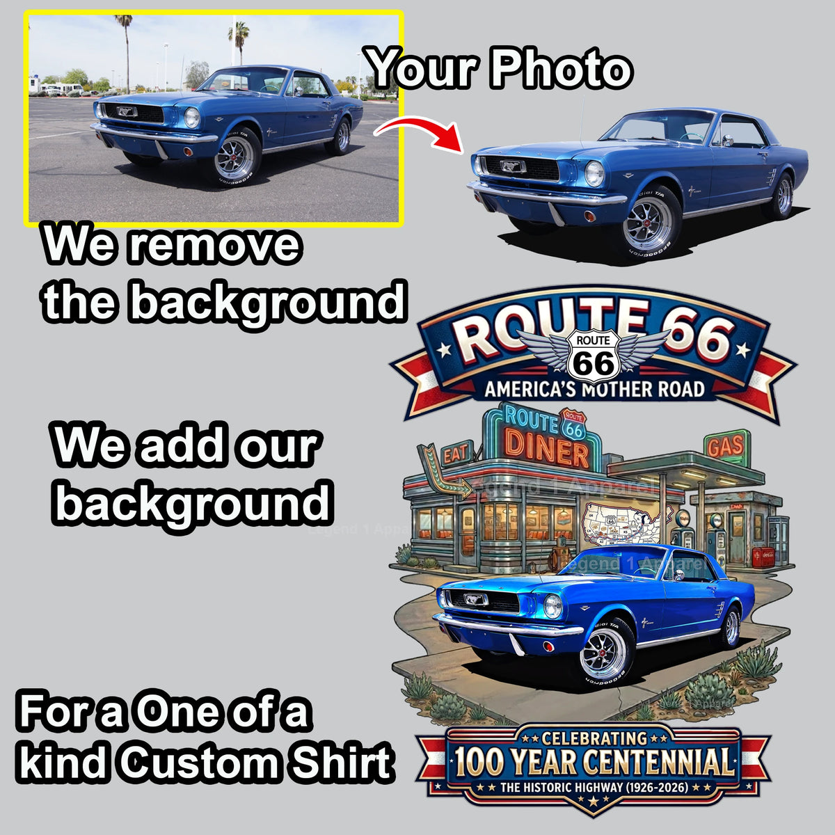 Your Classic Car or Hot Rod custom made T-shirt. Send us a picture of your car. Route 66 Centennial