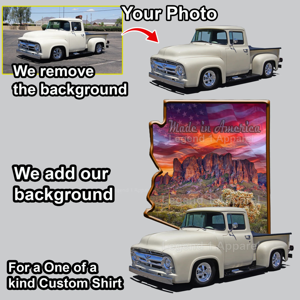 Your Classic Car or Hot Rod custom made T-shirt. Send us a picture of your car. Made in America Arizona Outline