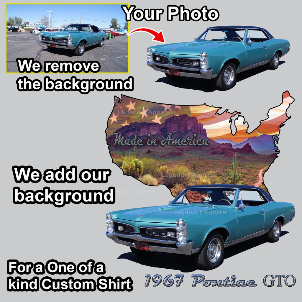 Your Classic Car or Hot Rod custom made T-shirt. Send us a picture of your car. Made in America USA Outline