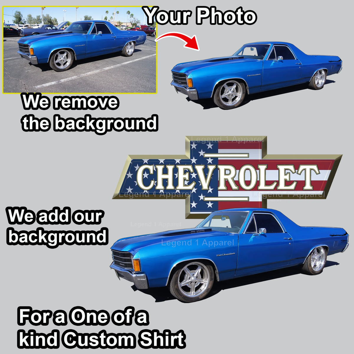 Your Classic Car or Hot Rod custom made T-shirt. Send us a picture of your car. Chevy Patriotic Bowtie