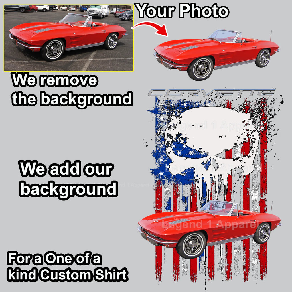 Your Classic Car or Hot Rod custom made T-shirt. Send us a picture of your car. Corvette USA Flag