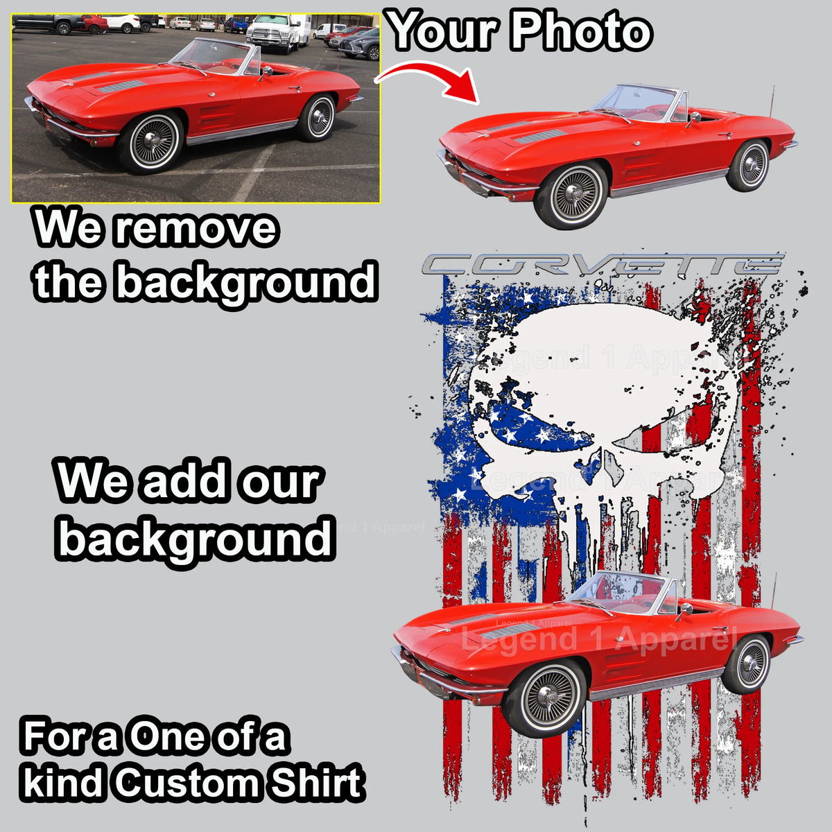 Your Classic Car or Hot Rod custom made T-shirt. Send us a picture of your car. Corvette USA Flag