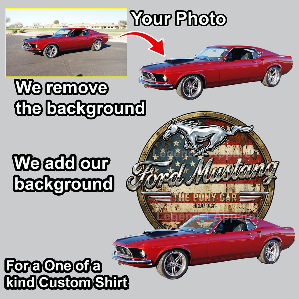 Your Classic Car or Hot Rod custom made T-shirt. Send us a picture of your car. Mustang pony car since 1964