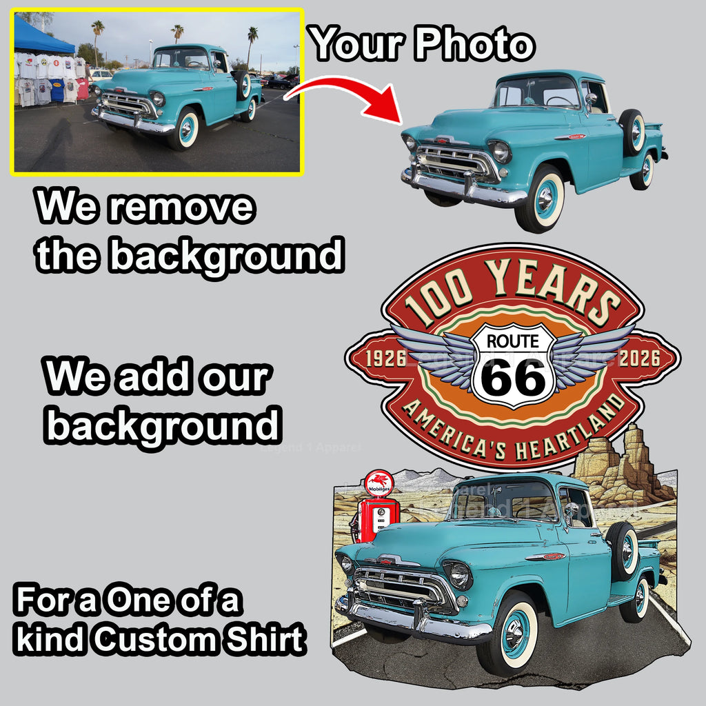 Your Classic Car or Hot Rod custom made T-shirt. Send us a picture of your car. Route 66 100 years