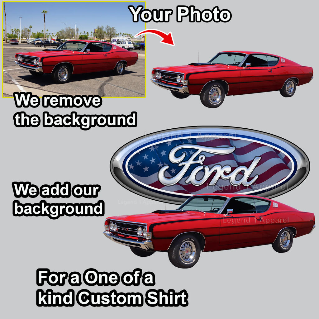 Your Classic Car or Hot Rod custom made T-shirt. Send us a picture of your car. Ford Patriotic Logo