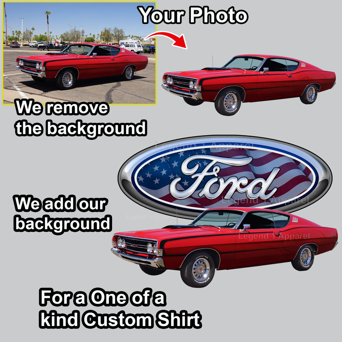 Your Classic Car or Hot Rod custom made T-shirt. Send us a picture of your car. Ford Patriotic Logo